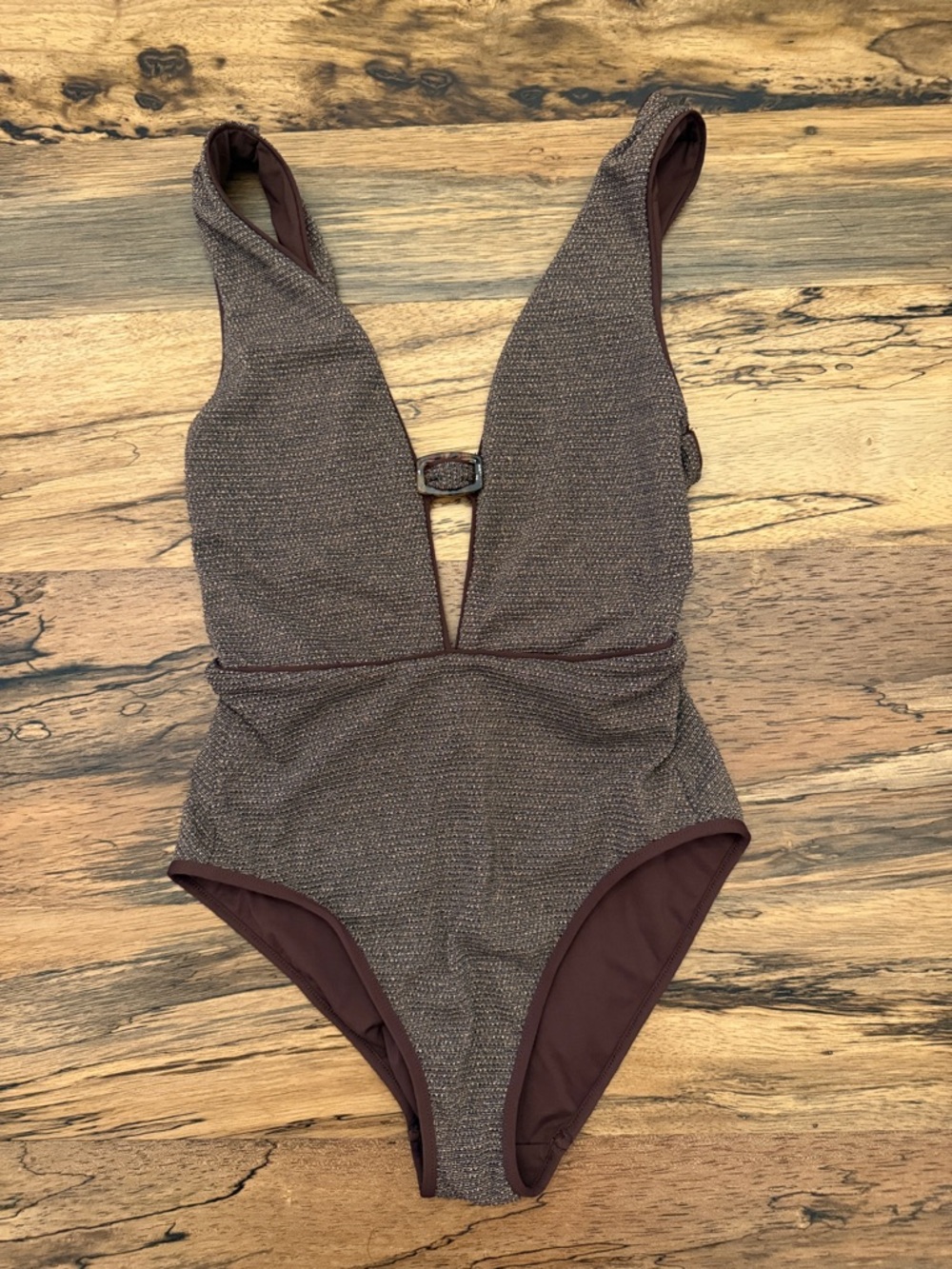 BECCA Textured Brown Deep V One-Piece Swimsuit